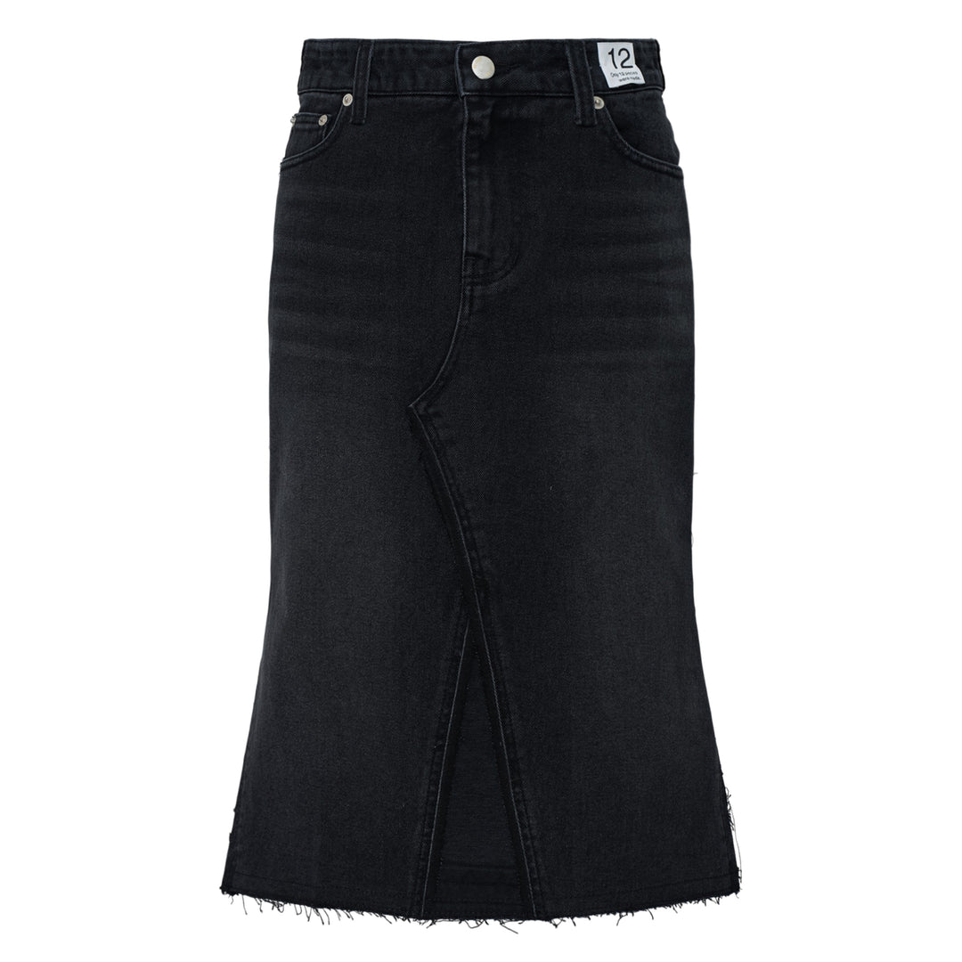 Re;Code Inside-Out Denim Skirt in washed black, midi length with a front slit, raw frayed hem, and five-pocket detailing on a white background