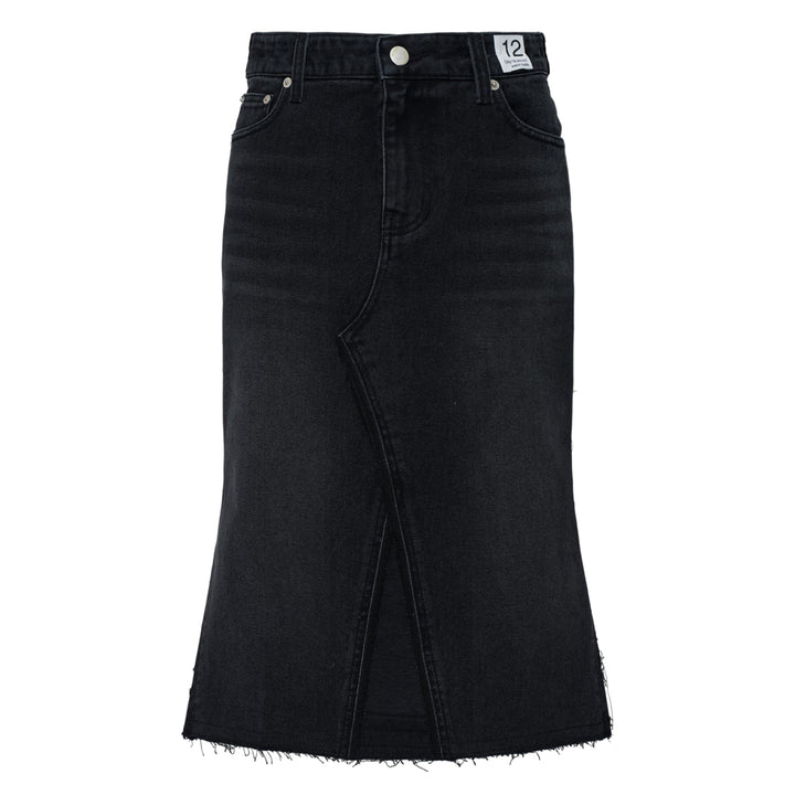 Re;Code Inside-Out Denim Skirt in washed black, midi length with a front slit, raw frayed hem, and five-pocket detailing on a white background