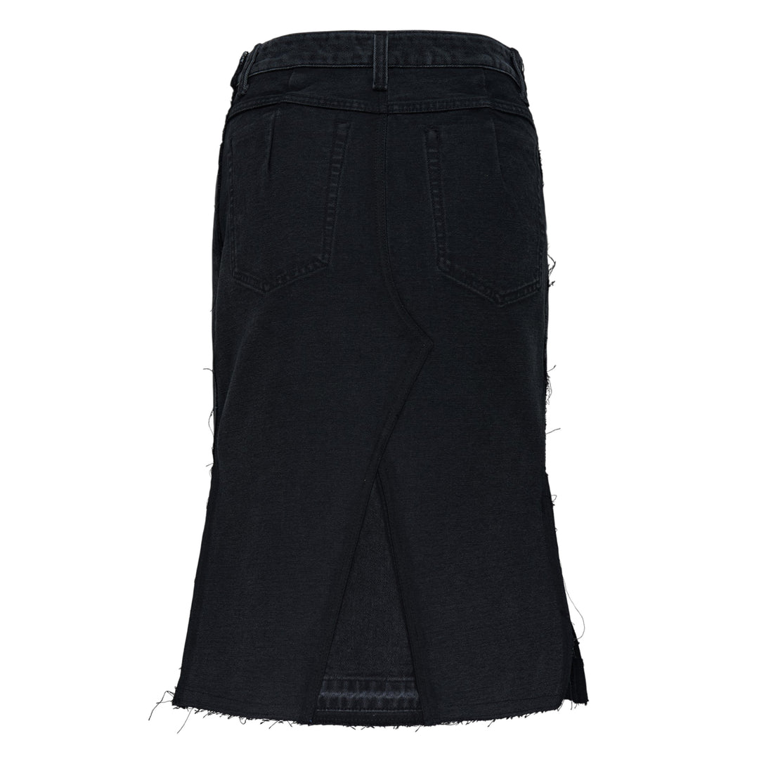 Re;Code Inside-Out Denim Skirt in washed black, midi length with a front slit, raw frayed hem, and five-pocket detailing on a white background