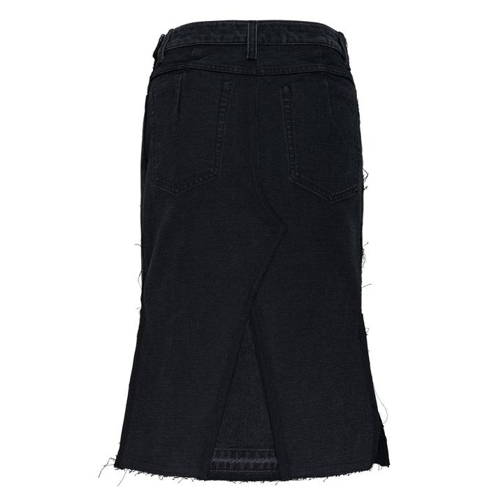 Re;Code Inside-Out Denim Skirt in washed black, midi length with a front slit, raw frayed hem, and five-pocket detailing on a white background