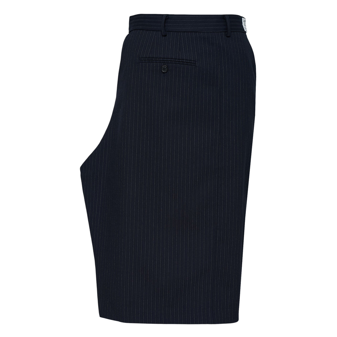 RE;CODE Stripe Side Drape Structured Skirt in navy pinstripe, shown from the side, featuring a tailored silhouette with a draped panel, belt loops, back button pocket, and woven brand label at the waistband