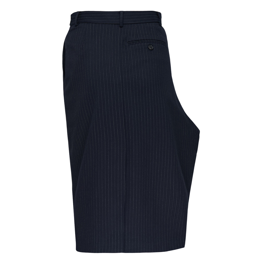 RE;CODE Stripe Side Drape Structured Skirt in navy pinstripe, shown from the side, featuring a tailored silhouette with a draped panel, belt loops, back button pocket, and woven brand label at the waistband