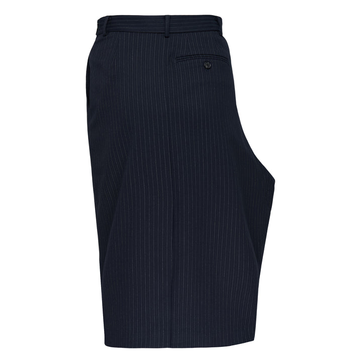 RE;CODE Stripe Side Drape Structured Skirt in navy pinstripe, shown from the side, featuring a tailored silhouette with a draped panel, belt loops, back button pocket, and woven brand label at the waistband