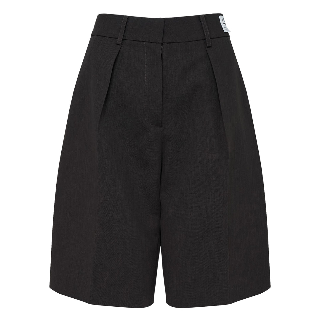 RE;CODE pleated tailored shorts in charcoal, featuring a high waist, double front pleats, wide-leg silhouette, and woven brand label at the waistband