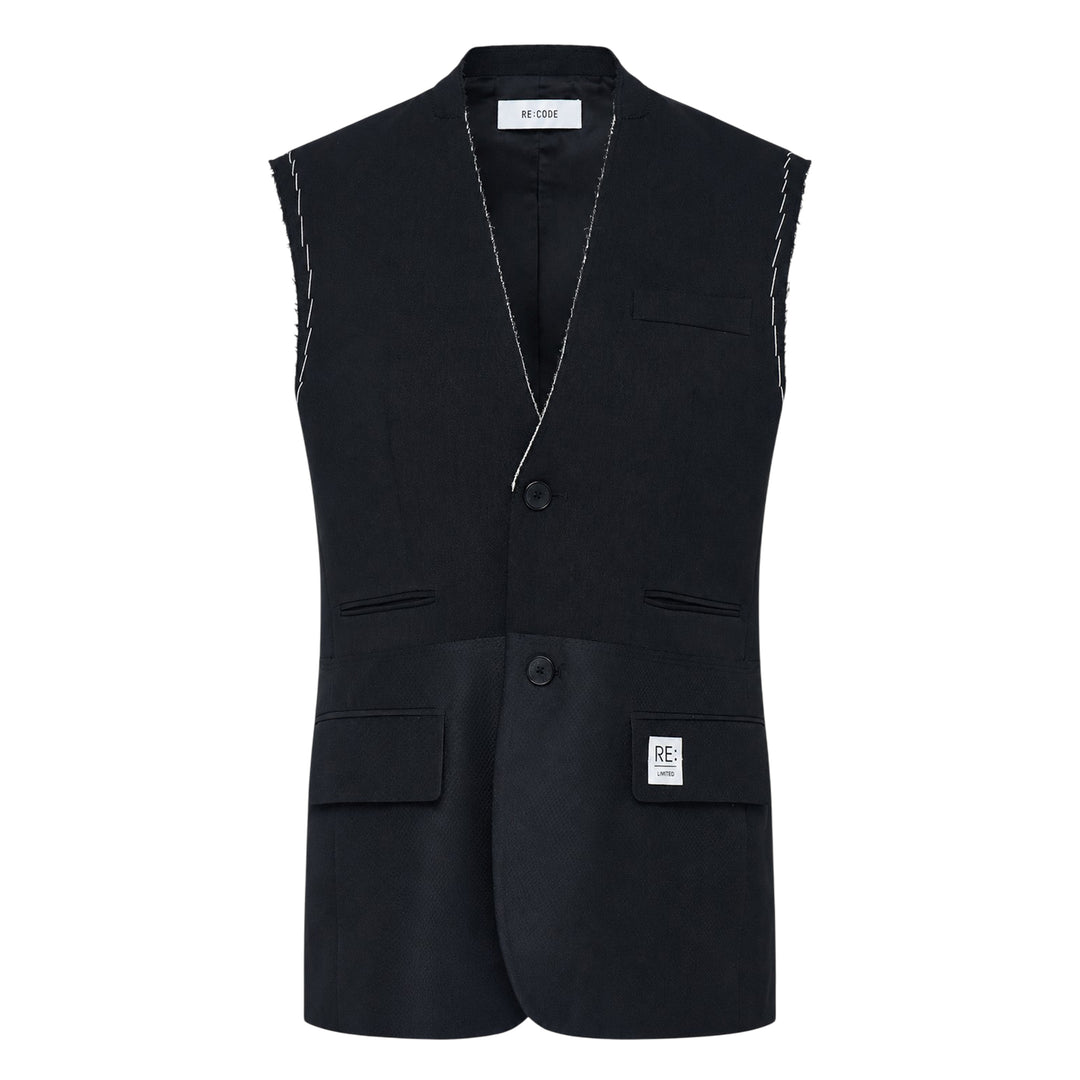 Re;Code Layered Raw-Edged Vest in black, featuring raw shoulder seams, contrast white basting stitches along the V-neckline, three-button closure, chest pocket, two lower flap pockets, and a woven Re;Code Limited branded patch