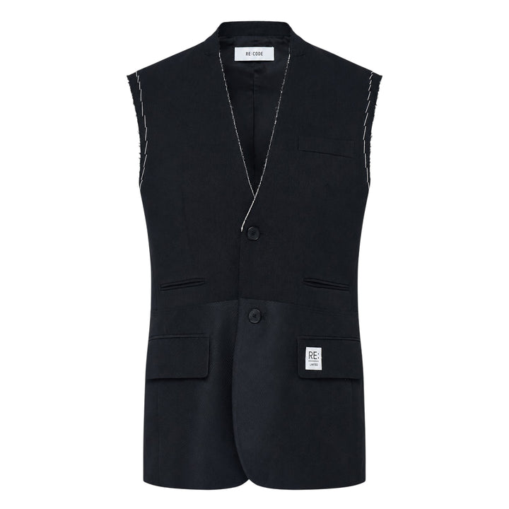 Re;Code Layered Raw-Edged Vest in black, featuring raw shoulder seams, contrast white basting stitches along the V-neckline, three-button closure, chest pocket, two lower flap pockets, and a woven Re;Code Limited branded patch