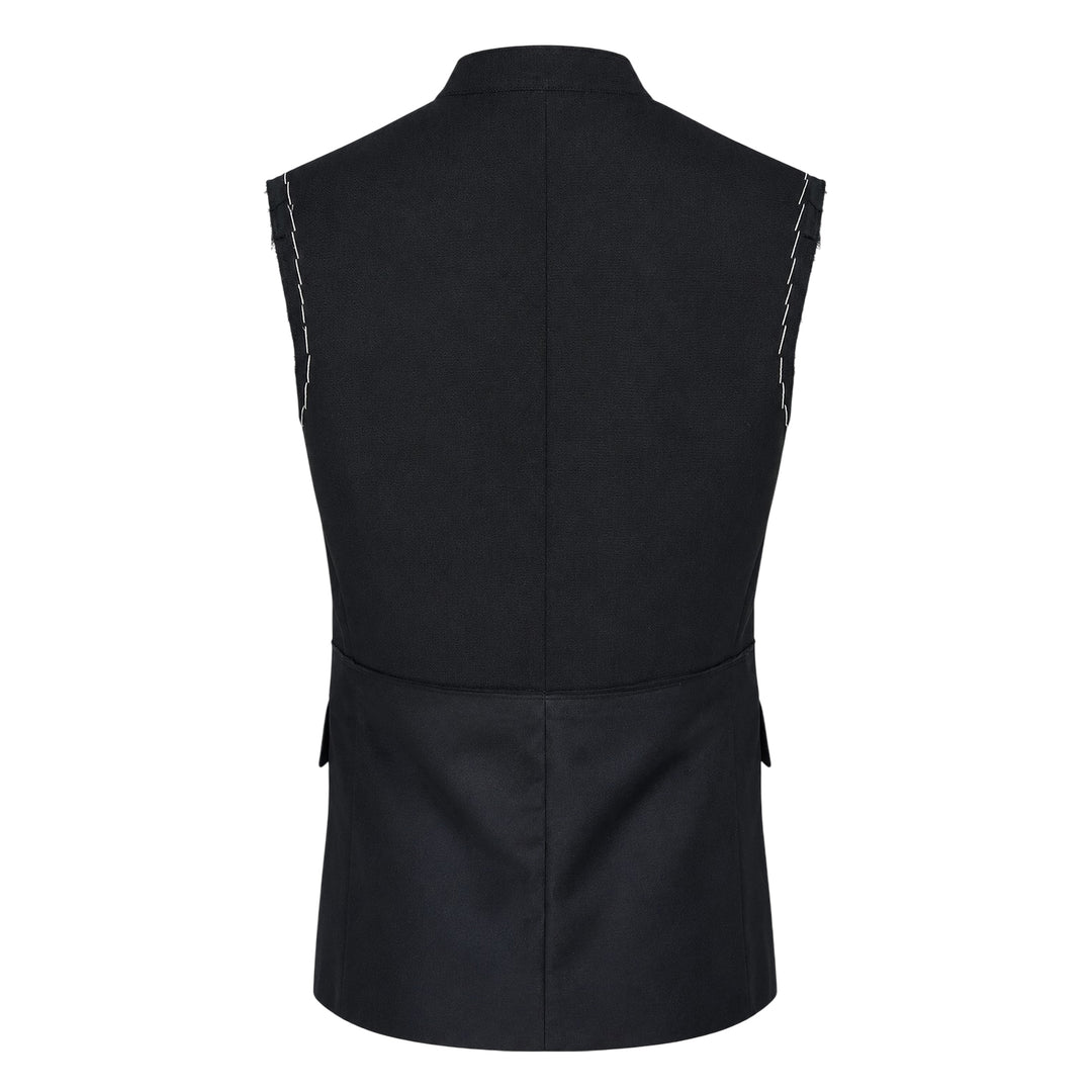 Re;Code Layered Raw-Edged Vest in black, featuring raw shoulder seams, contrast white basting stitches along the V-neckline, three-button closure, chest pocket, two lower flap pockets, and a woven Re;Code Limited branded patch