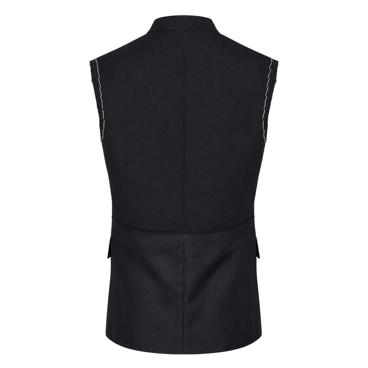 Re;Code Layered Raw-Edged Vest in black, featuring raw shoulder seams, contrast white basting stitches along the V-neckline, three-button closure, chest pocket, two lower flap pockets, and a woven Re;Code Limited branded patch