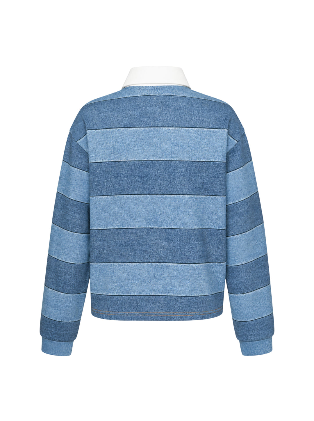rag & bone Miramar Cropped Rugby Polo in tonal blue denim stripe with cream contrast collar, button placket, and ribbed cuffs - view 2