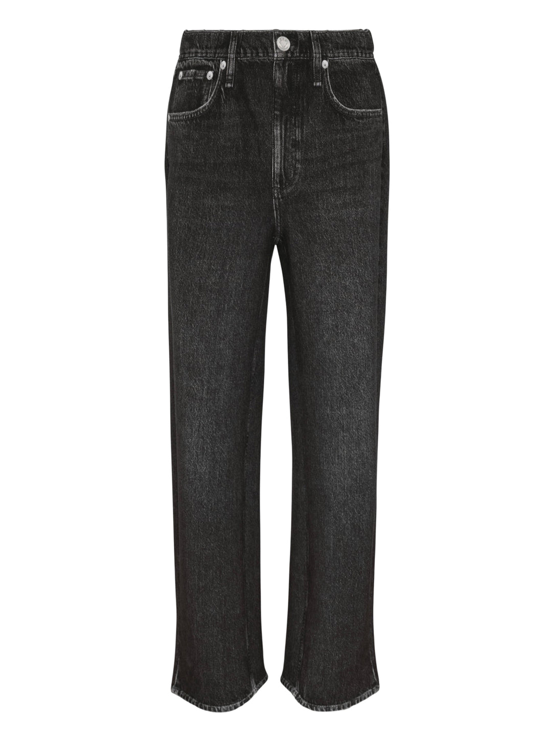 rag & bone Miramar Wide Leg Jeans in washed black denim with a high-rise waist, five-pocket styling, and silver-tone hardware, shown flat on a white background