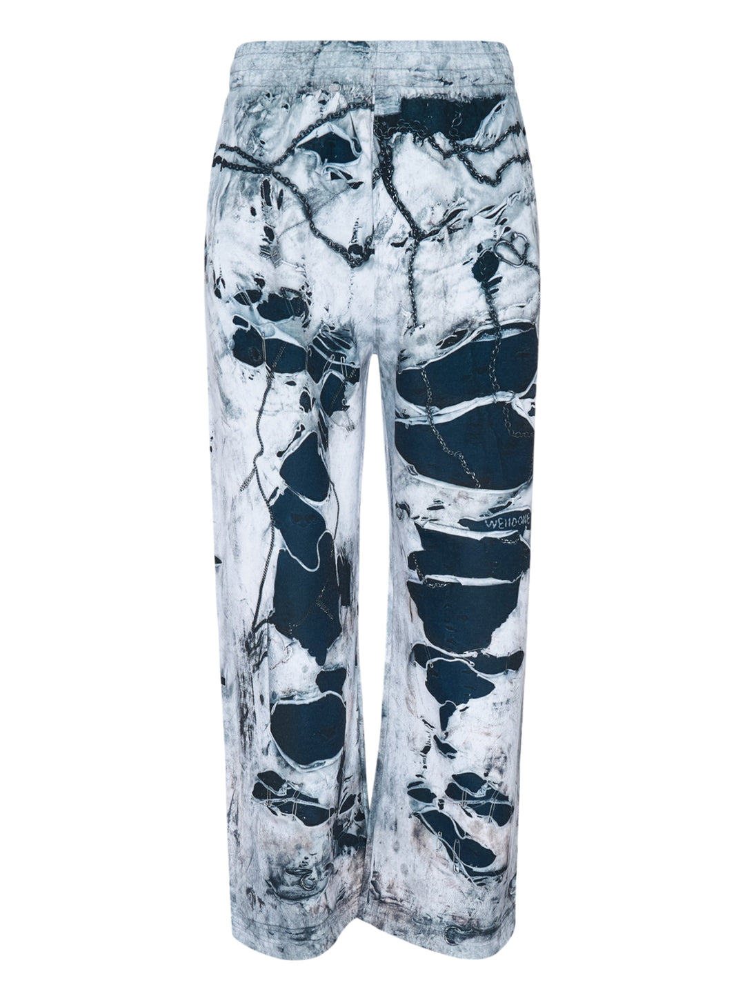 We11done Vintage Printed Sweatpants in light grey, back view, featuring an allover trompe-l'œil print of heavy distressing, chain hardware, and exposed dark denim layers on a wide-leg silhouette
