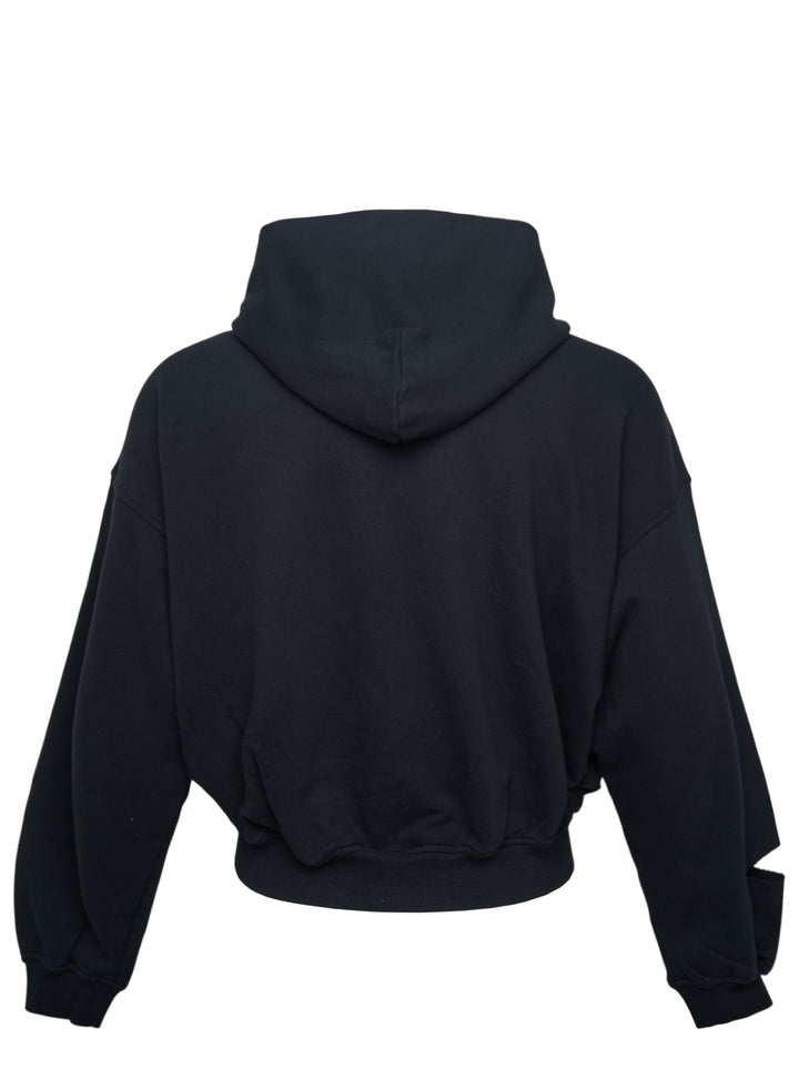 We11done Black Repaired Zip-Up Hoodie with plaid-lined cut-out distressing, silver zip closure, and cropped oversized silhouette, front view on white background - view 2