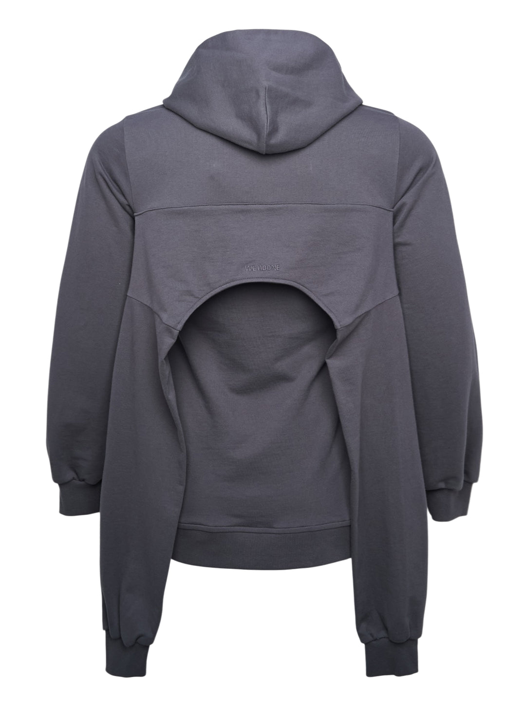 We11done Charcoal Layered Sleeve Hoodie — front view showing double-layered construction, draped oversized hood, and elongated ribbed hem panels - view 2