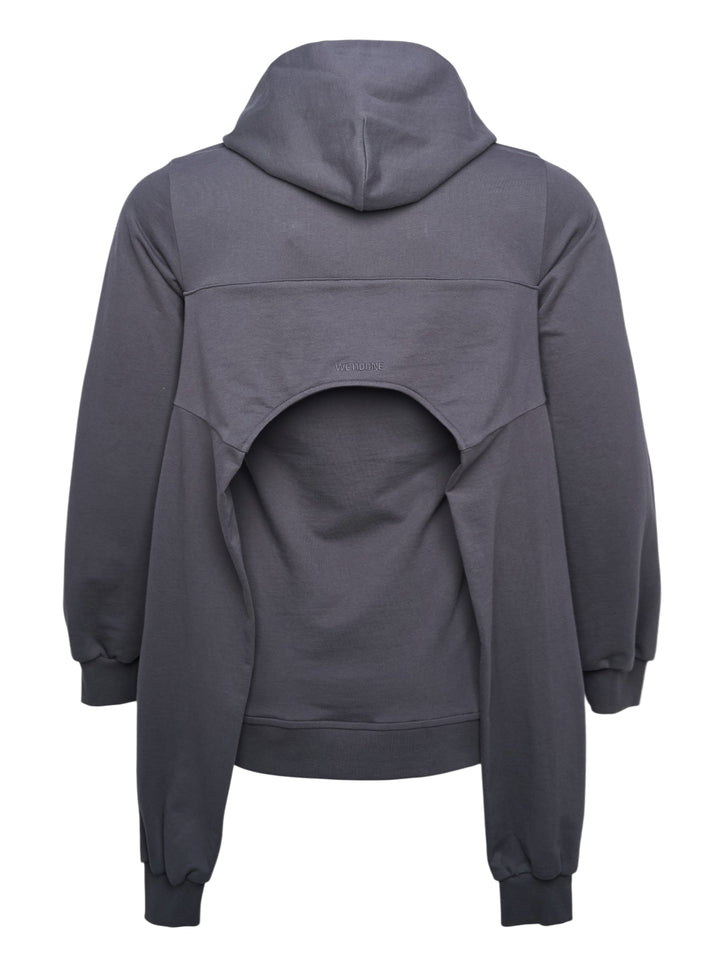 We11done Charcoal Layered Sleeve Hoodie — front view showing double-layered construction, draped oversized hood, and elongated ribbed hem panels - view 2