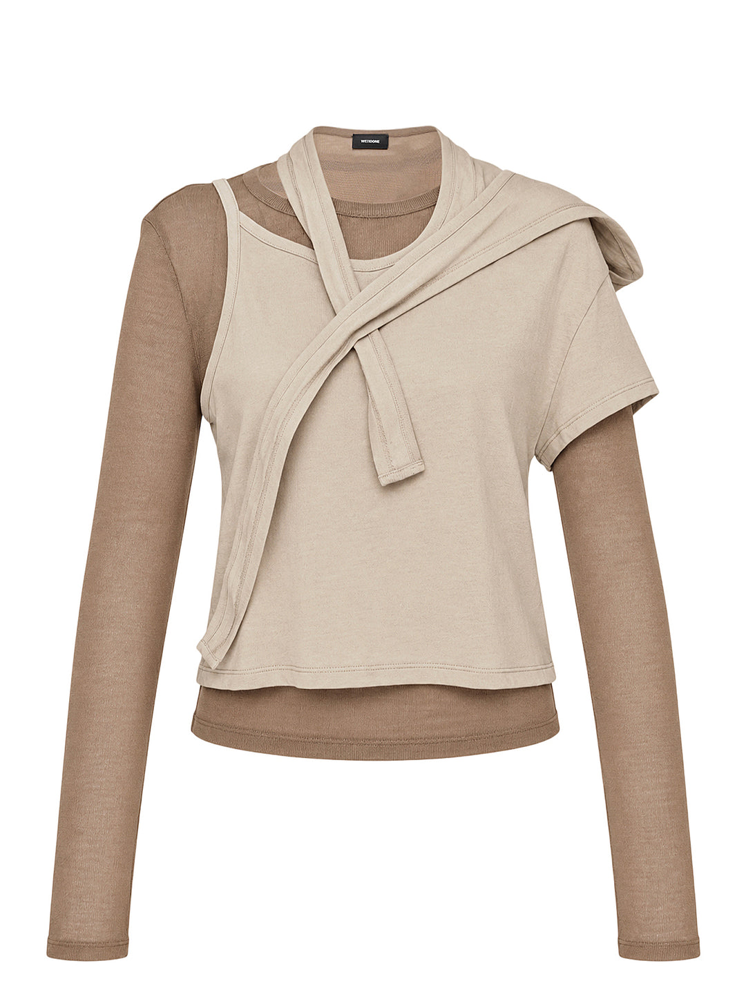 We11done beige layered jersey top with draped chest band over a brown fitted long-sleeve underlayer