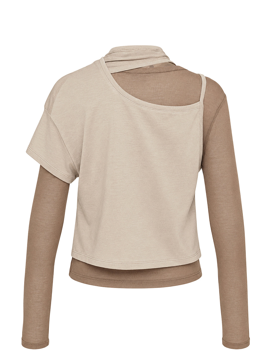 We11done beige layered jersey top with draped chest band over a brown fitted long-sleeve underlayer - view 2