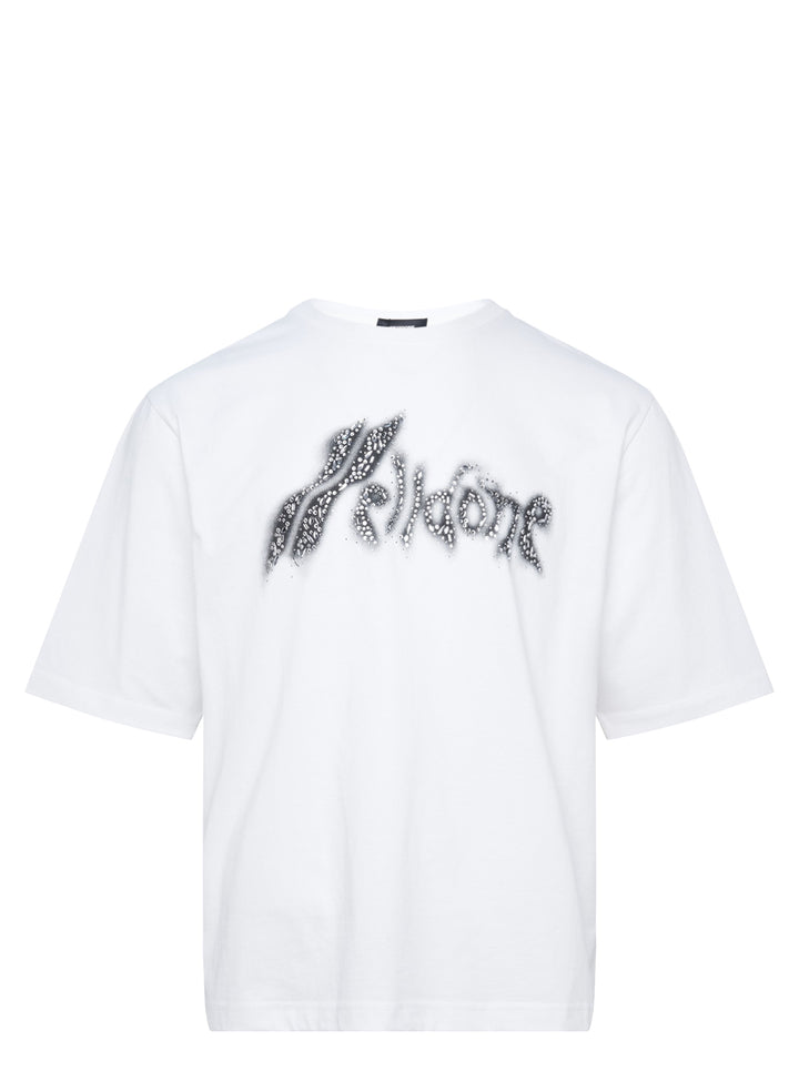 We11done White Crystal Logo T-Shirt with airbrushed graffiti-style jewelled brand logo graphic on the chest, oversized fit, crew neck, short sleeves