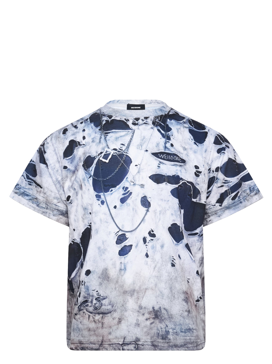 We11done Vintage Printed T-Shirt in light grey with photorealistic all-over distressed denim and chain necklace trompe-l'oeil print, boxy crew-neck silhouette