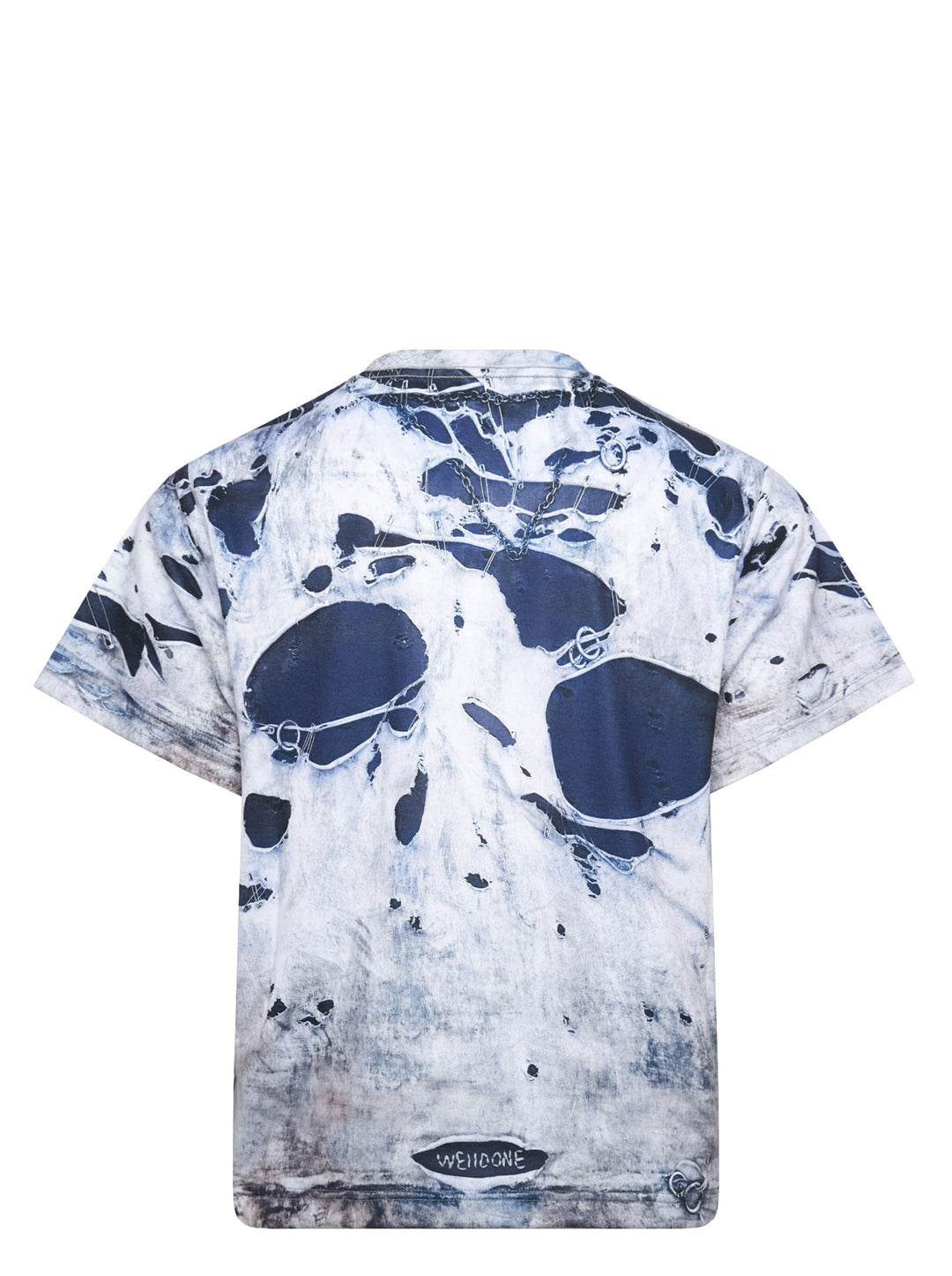 We11done Vintage Printed T-Shirt in light grey with photorealistic all-over distressed denim and chain necklace trompe-l'oeil print, boxy crew-neck silhouette - view 2