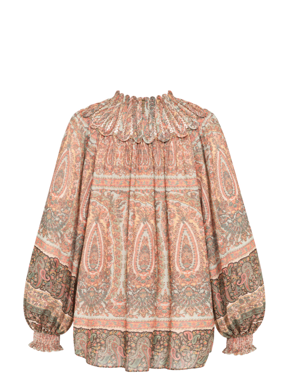 Zimmermann Momentum Rouleau Billow Top in vintage-inspired paisley print with smocked ruffle high neck, voluminous long sleeves and scalloped cuff detailing - view 2