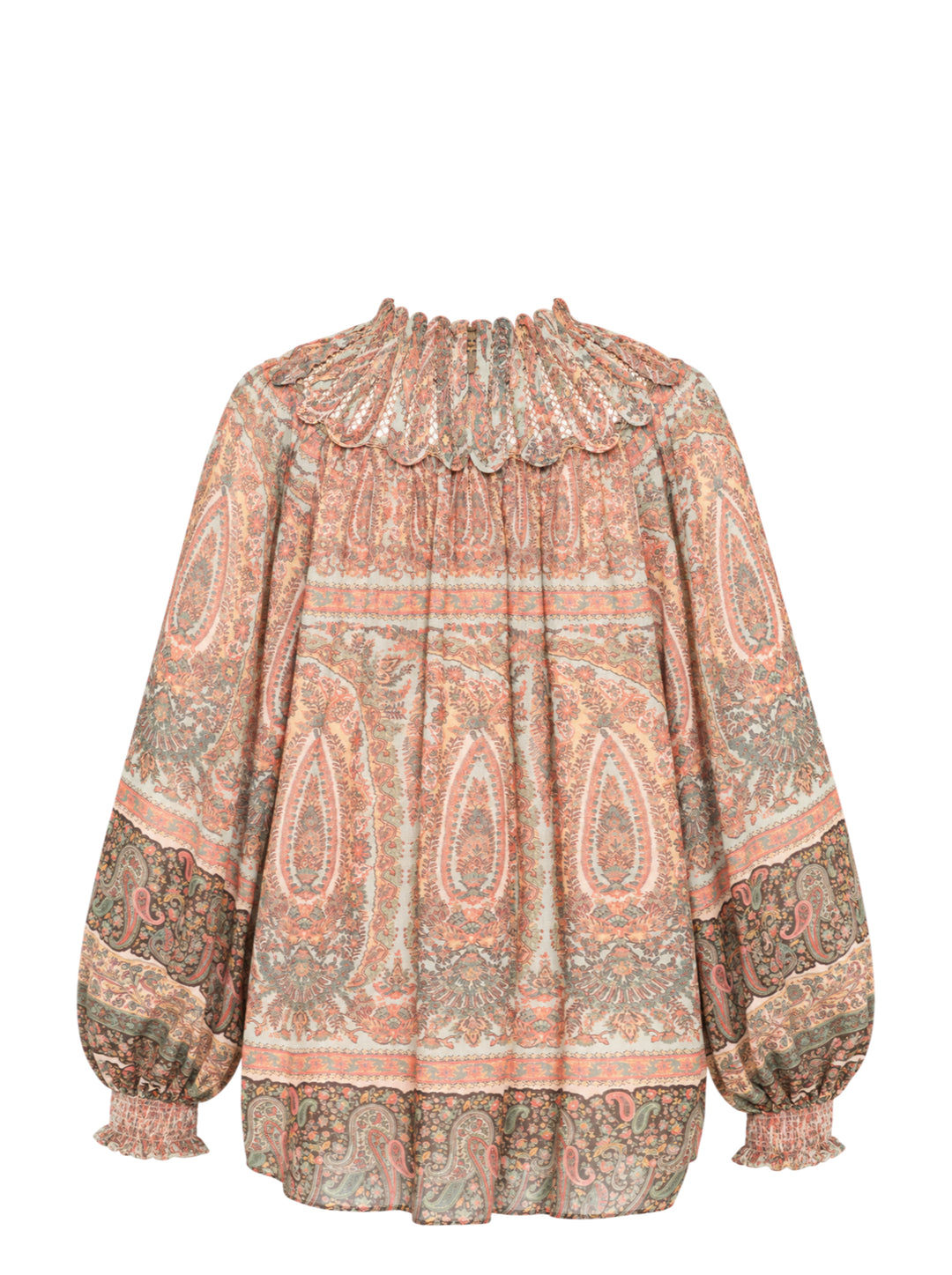Zimmermann Momentum Rouleau Billow Top in vintage-inspired paisley print with smocked ruffle high neck, voluminous long sleeves and scalloped cuff detailing - view 2