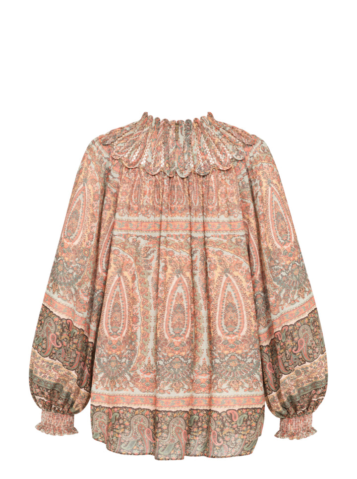 Zimmermann Momentum Rouleau Billow Top in vintage-inspired paisley print with smocked ruffle high neck, voluminous long sleeves and scalloped cuff detailing - view 2