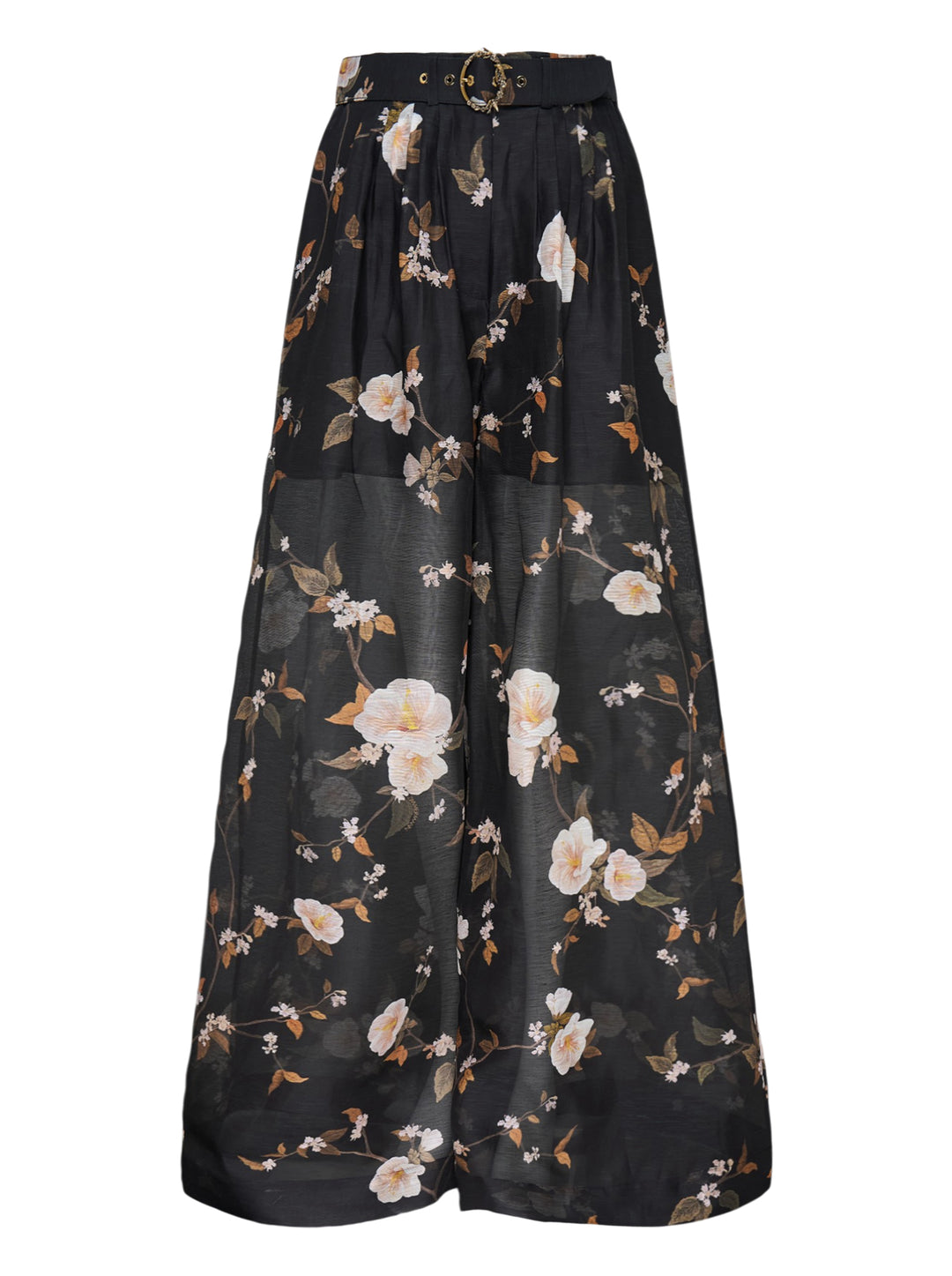 Zimmermann Ascent Pleat Pants in black with an all-over white floral and botanical branch print, featuring a wide-leg silhouette, front pleats, and a matching self-belt with gold circular buckle hardware