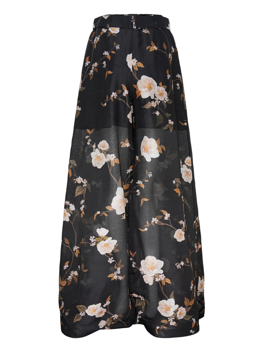Zimmermann Ascent Pleat Pants in black with an all-over white floral and botanical branch print, featuring a wide-leg silhouette, front pleats, and a matching self-belt with gold circular buckle hardware - view 2