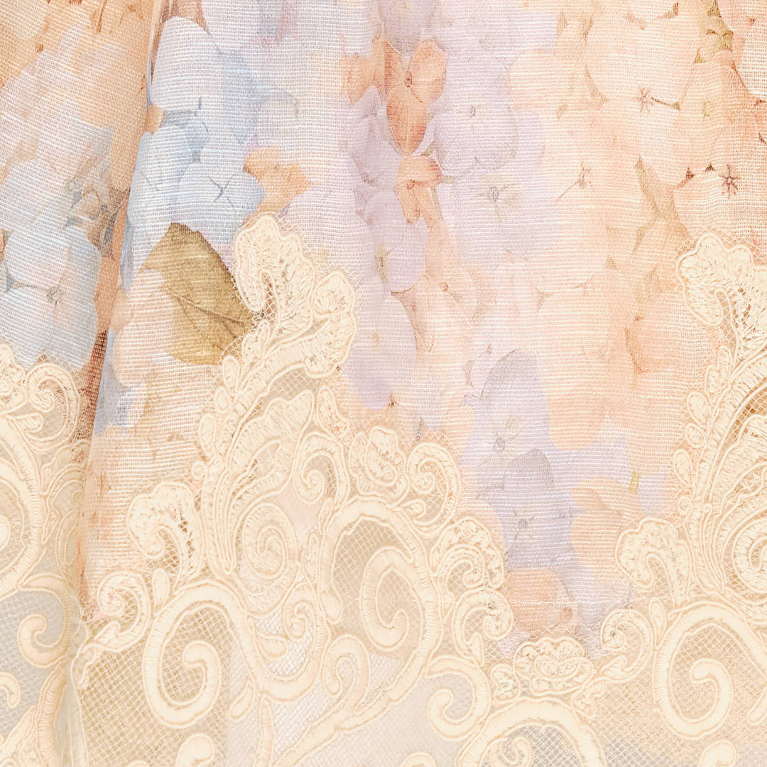 Zimmermann Valiant Tucked Midi Dress in a pastel hydrangea floral print, featuring a structured sweetheart bustier bodice, adjustable spaghetti straps, a self-belt at the waist, and an A-line skirt with ivory lace scrollwork trim at the hem