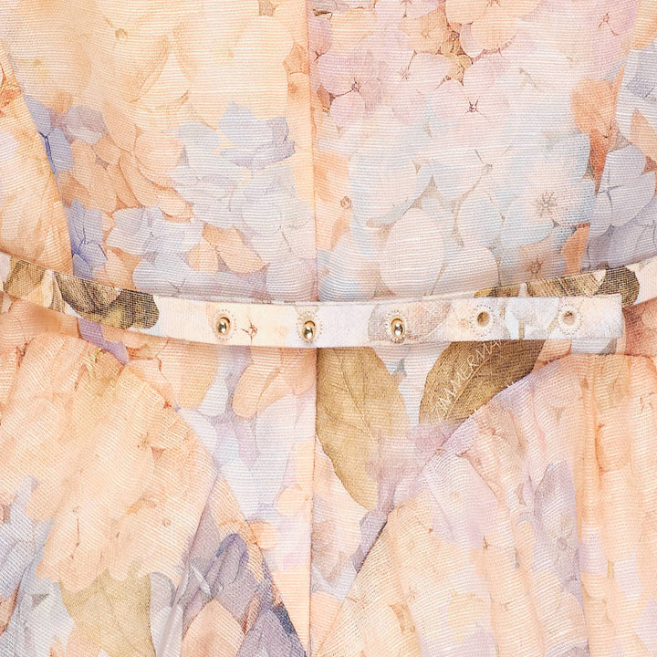 Zimmermann Valiant Tucked Midi Dress in a pastel hydrangea floral print, featuring a structured sweetheart bustier bodice, adjustable spaghetti straps, a self-belt at the waist, and an A-line skirt with ivory lace scrollwork trim at the hem