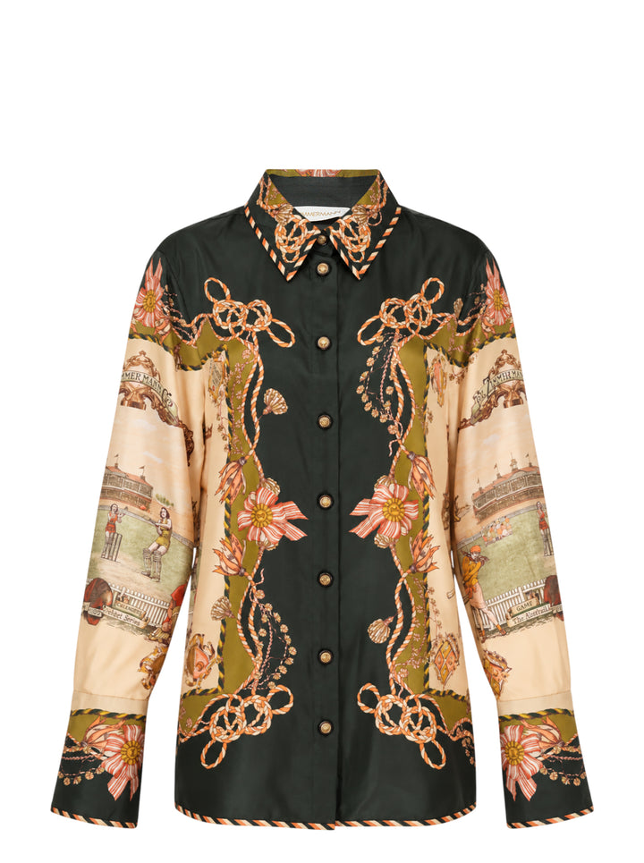 Zimmermann Valiant Twill Shirt with an ornate cricket and floral scarf print in forest green, blush, and ochre, featuring gold-tone press-stud buttons and wide printed cuffs