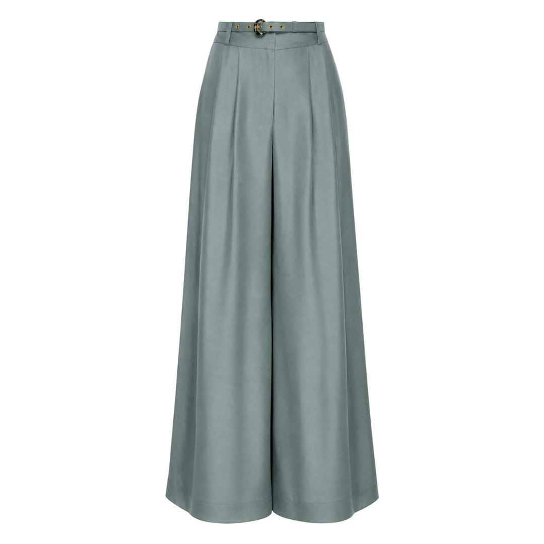 Zimmermann wide leg pants in sage green with deep pleats, high waist, and gold-tone belted hardware detail