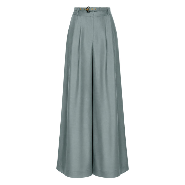 Zimmermann wide leg pants in sage green with deep pleats, high waist, and gold-tone belted hardware detail