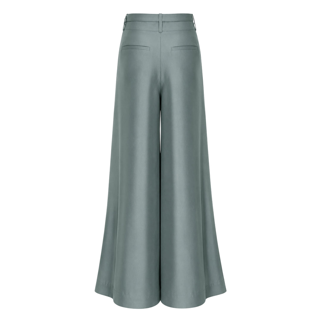 Zimmermann wide leg pants in sage green with deep pleats, high waist, and gold-tone belted hardware detail
