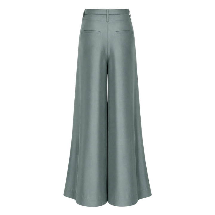 Zimmermann wide leg pants in sage green with deep pleats, high waist, and gold-tone belted hardware detail