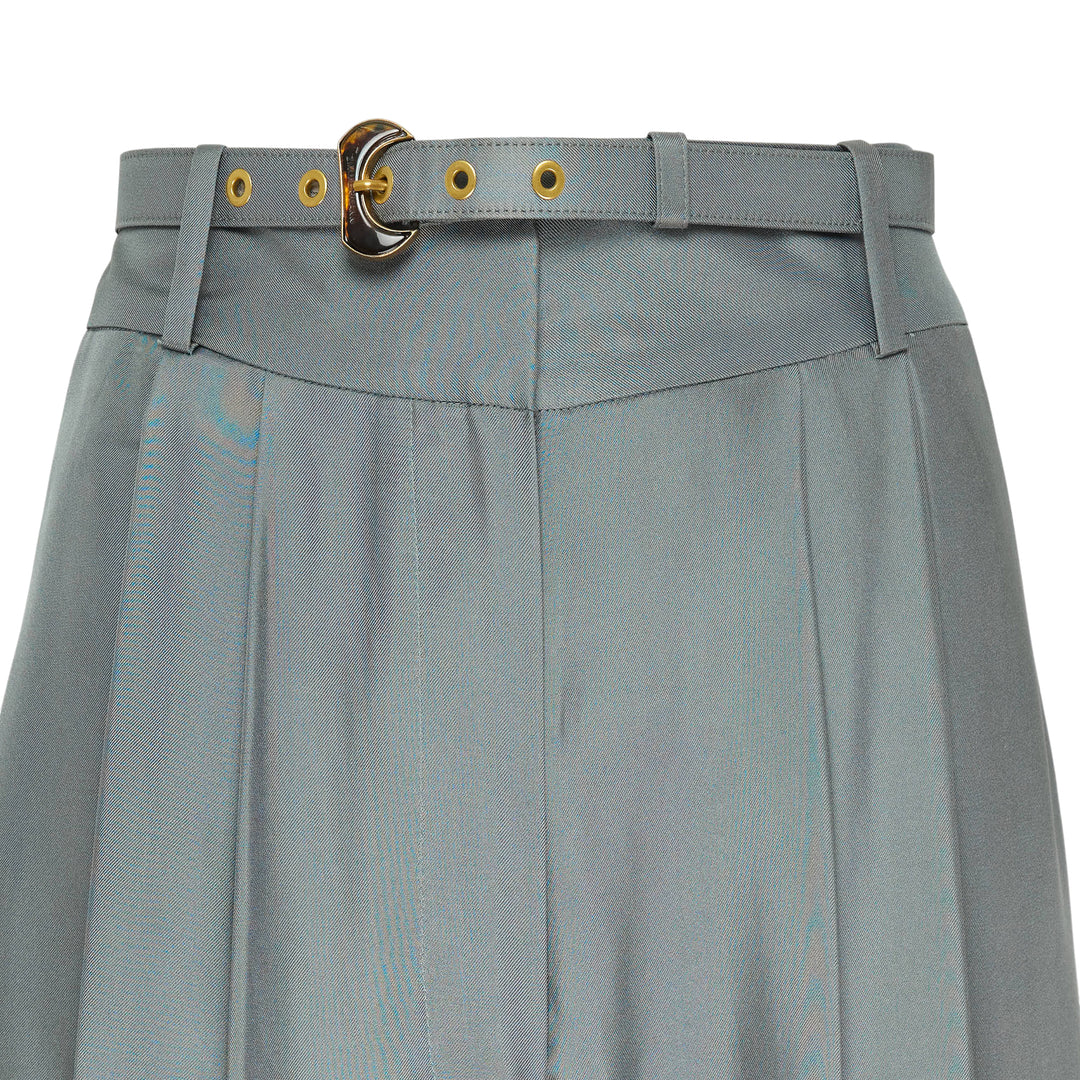 Zimmermann wide leg pants in sage green with deep pleats, high waist, and gold-tone belted hardware detail