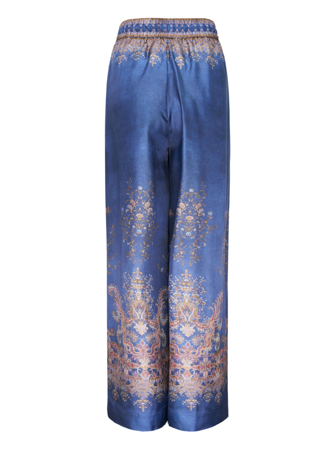 Zimmermann Valiant wide-leg pants in blue with ornate paisley and floral border print, elasticated drawstring waistband and decorative woven trim - view 2
