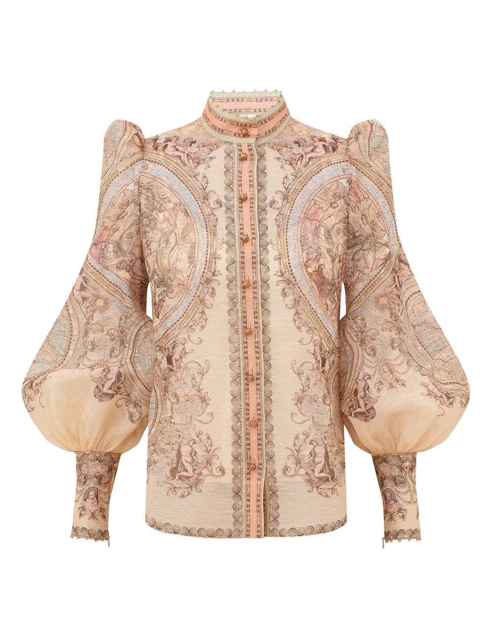 Zimmermann Ascent Body Blouse with antique map and cherub print, puff shoulders, balloon sleeves, stand collar and gold buttons