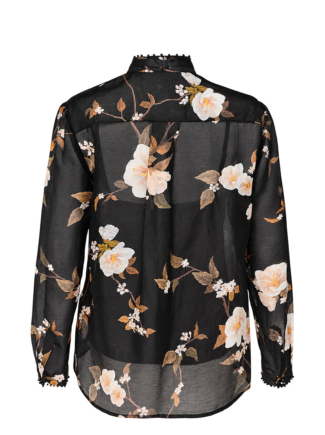 Zimmermann Ascent Embellished Body Shirt in sheer black floral print with ruffled bead-embellished collar, satin ribbon tie, and pom-pom trimmed cuffs - view 2