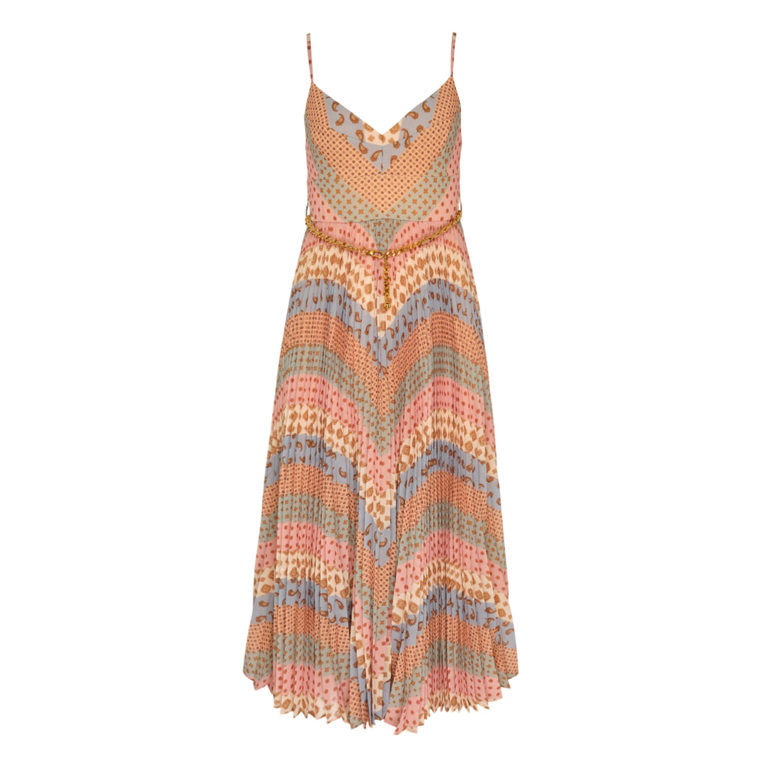 Zimmermann Sunray Pleated Picnic Dress in mixed pastel paisley and geometric prints with accordion pleating and a gold chain waist belt, midi length with V-neckline and spaghetti straps