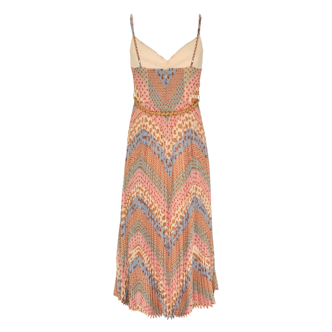 Zimmermann Sunray Pleated Picnic Dress in mixed pastel paisley and geometric prints with accordion pleating and a gold chain waist belt, midi length with V-neckline and spaghetti straps
