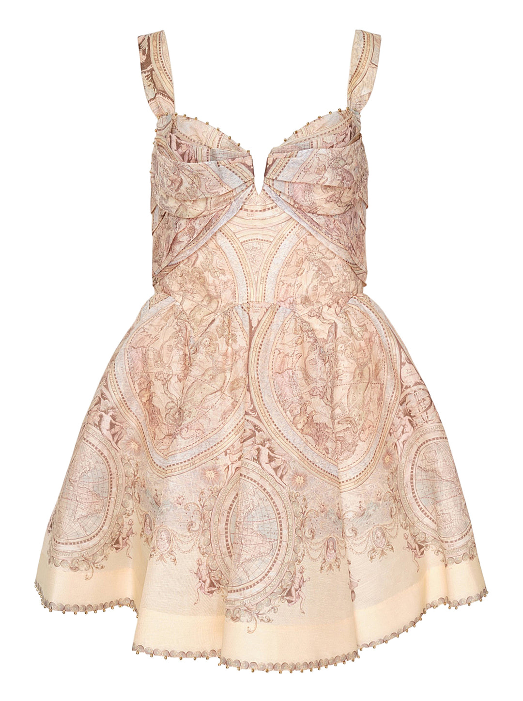 Zimmermann Ascent Drape Mini Dress in blush antique celestial map print, featuring a structured draped bustier bodice, full A-line skirt, wide shoulder straps, and gold beaded trim at the neckline and hem