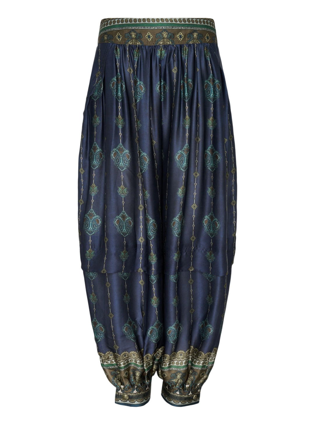 Zimmermann Ascent Harem Pants in navy with teal and gold paisley print, featuring a gathered silhouette, ornate woven waistband, and elasticated ankle cuffs with decorative border trim