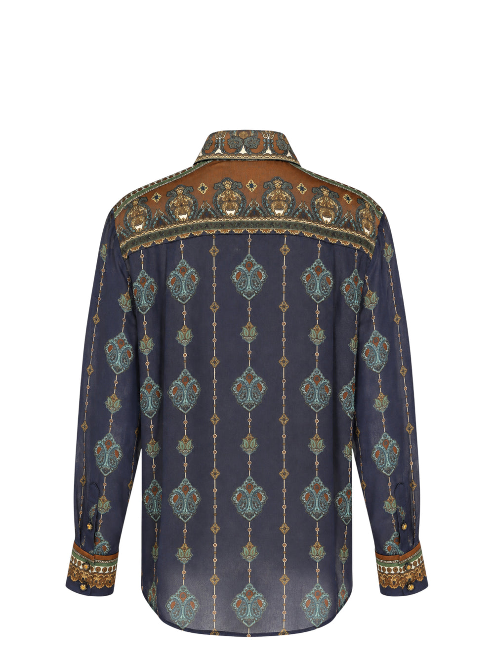 Zimmermann Satin Scarf Blouse in navy and bronze paisley print with self-tie bow collar, tassel ends, and button-through front placket - view 2