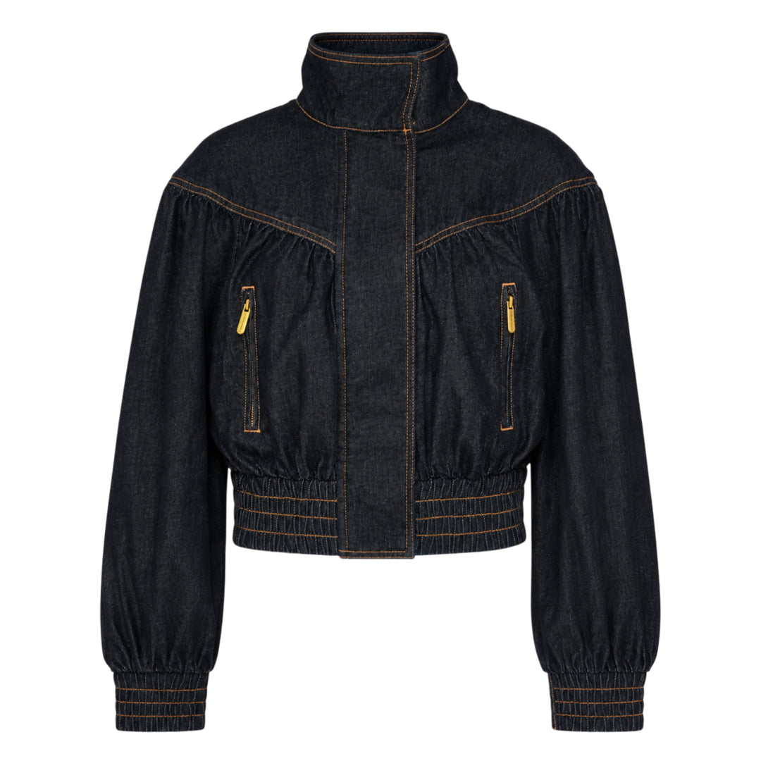 Zimmermann Denim Handkerchief Bomber Jacket in dark indigo with orange contrast topstitching, gathered ruched panels, gold-tone zip pockets, stand collar, and elasticated ribbed hem and cuffs