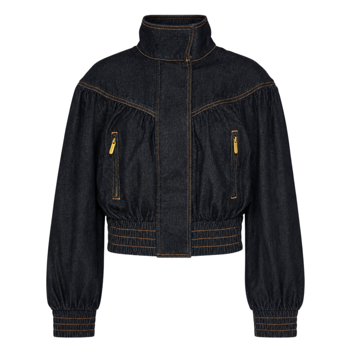 Zimmermann Denim Handkerchief Bomber Jacket in dark indigo with orange contrast topstitching, gathered ruched panels, gold-tone zip pockets, stand collar, and elasticated ribbed hem and cuffs
