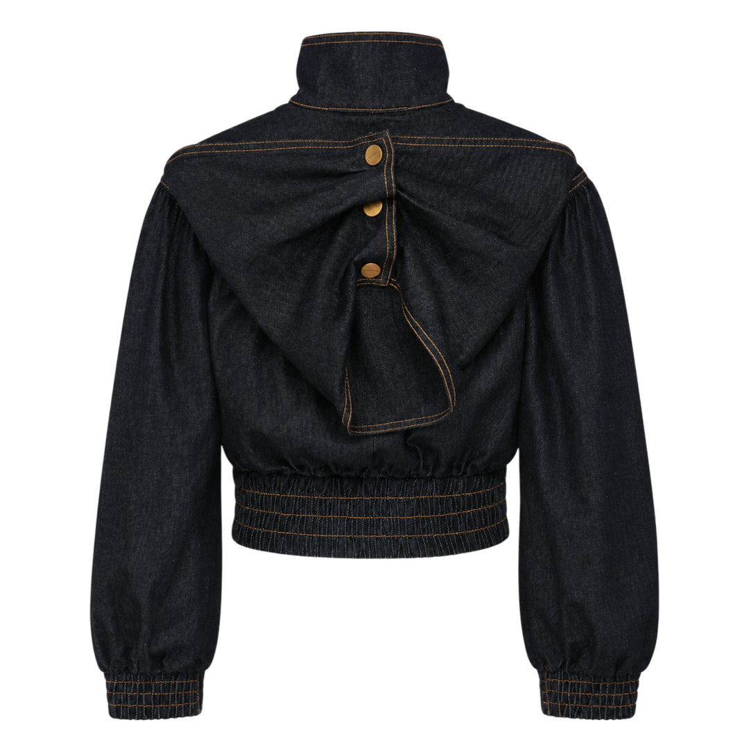 Zimmermann Denim Handkerchief Bomber Jacket in dark indigo with orange contrast topstitching, gathered ruched panels, gold-tone zip pockets, stand collar, and elasticated ribbed hem and cuffs