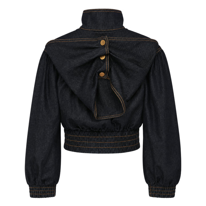 Zimmermann Denim Handkerchief Bomber Jacket in dark indigo with orange contrast topstitching, gathered ruched panels, gold-tone zip pockets, stand collar, and elasticated ribbed hem and cuffs
