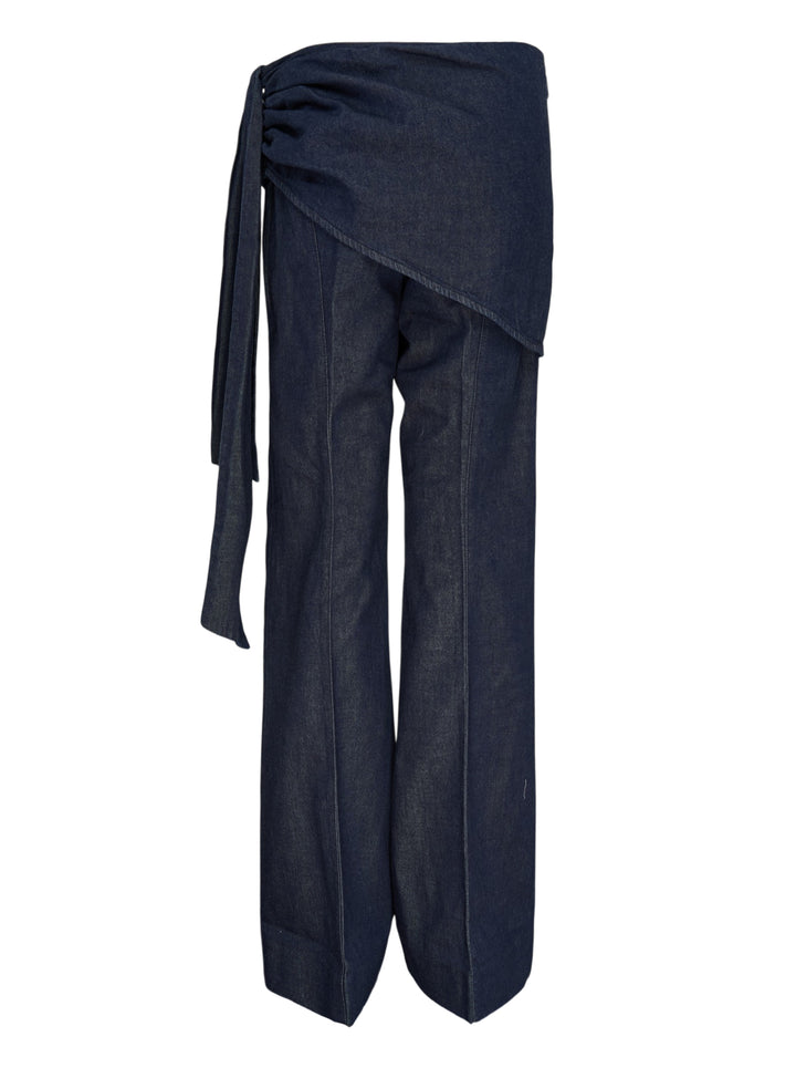Zimmermann Draped Denim Flare Jeans in dark indigo, featuring a wide-leg silhouette with a wrap-style skirt overlay and self-tie gather detail at the hip - view 2