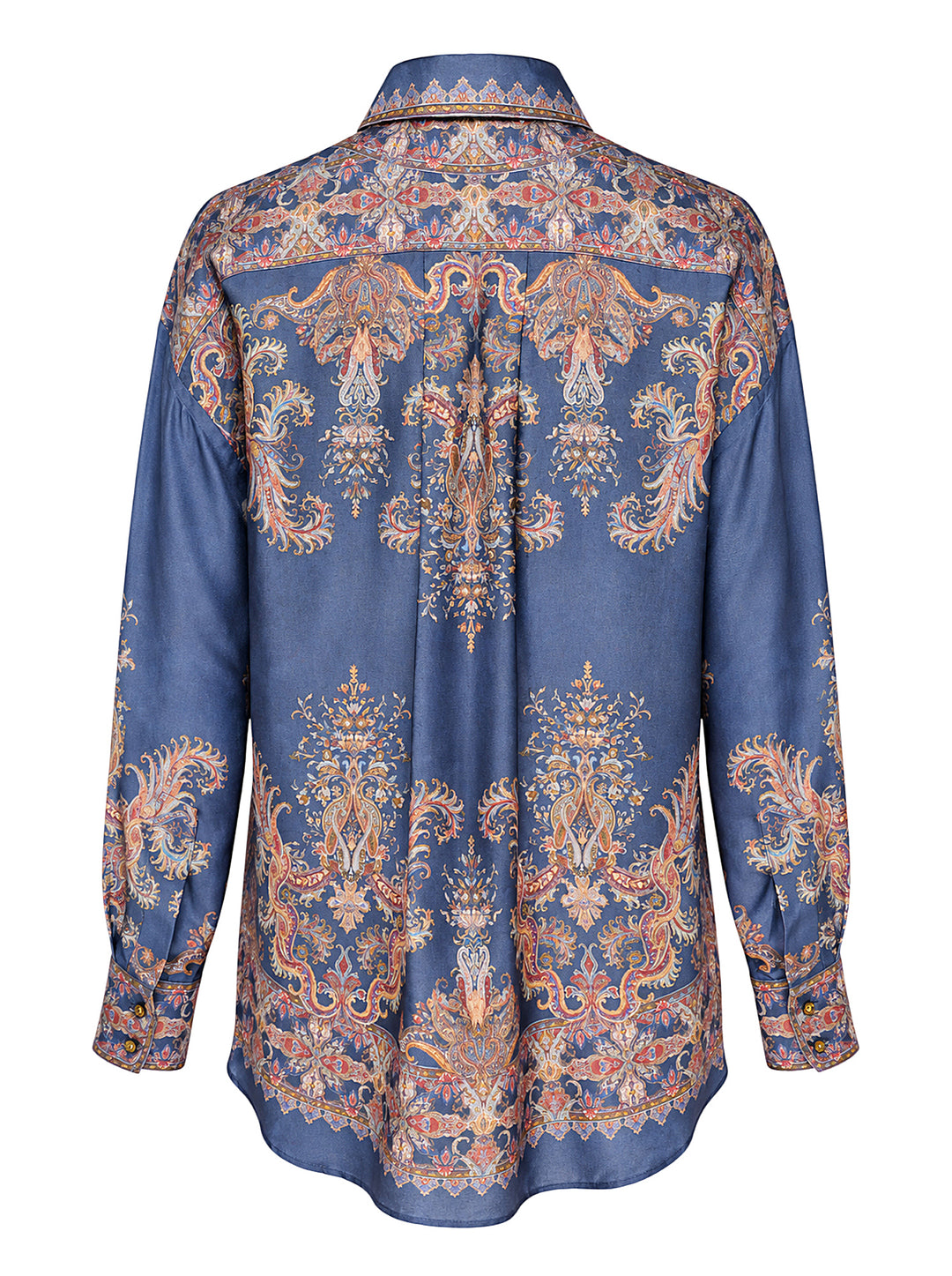 Zimmermann Valiant Relaxed Shirt in indigo blue with ornate paisley and medallion print, featuring a pussy-bow tie, navy tassel, and long buttoned sleeves - view 2